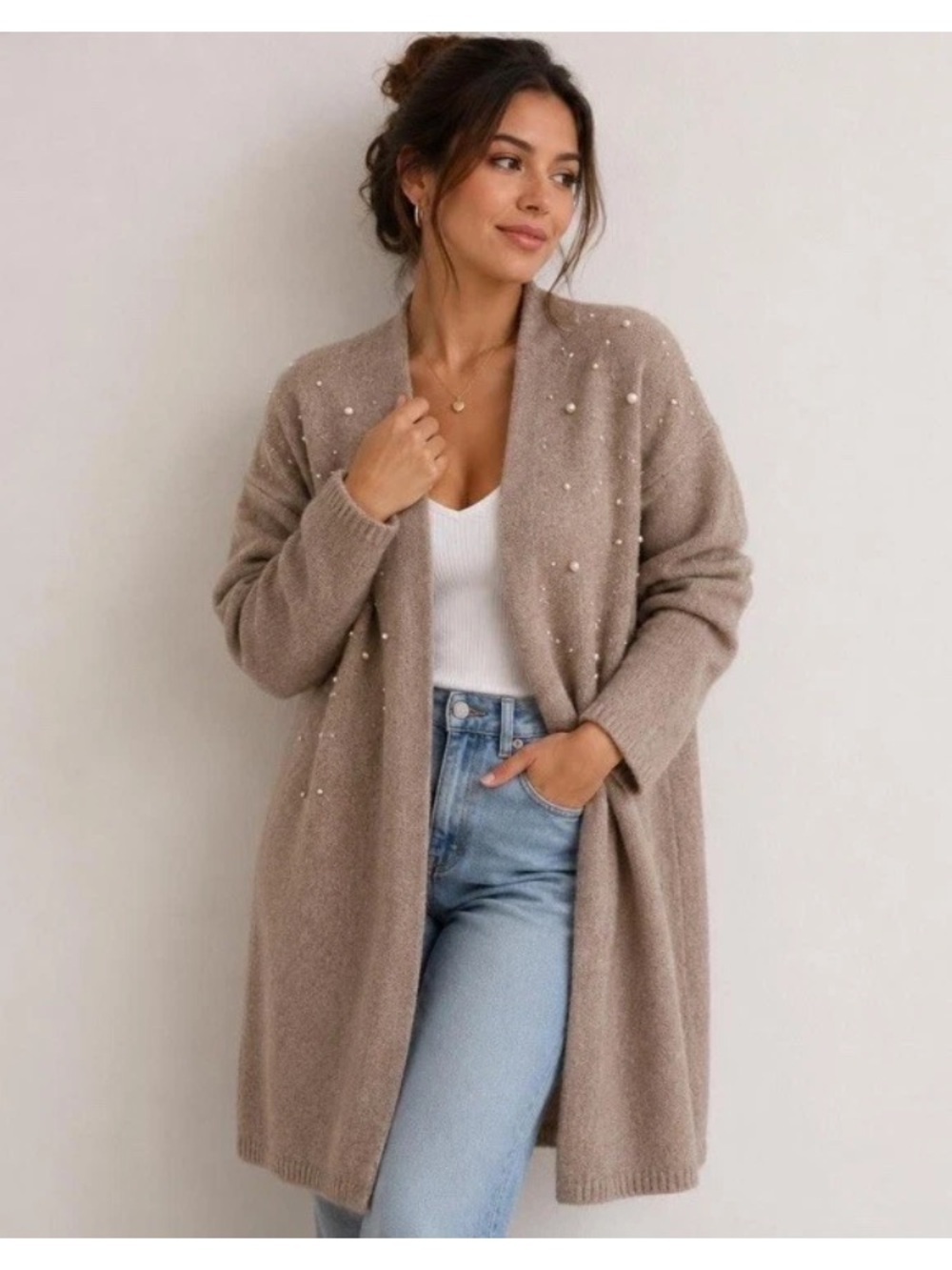 Chico's Pearl-Embellished Taupe Open-Front Cardigan